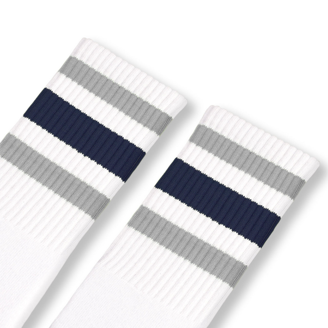 White w/ grey & navy stripes